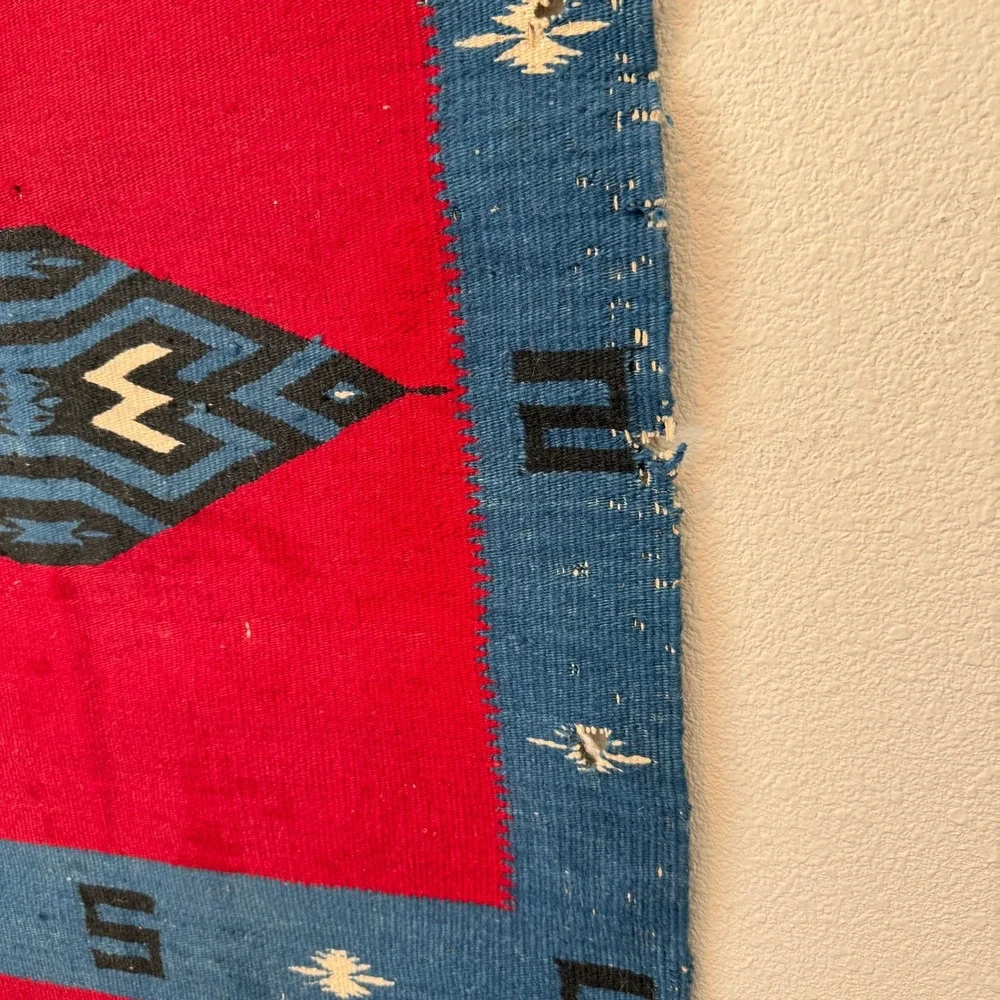 Vintage Southwestern Handwoven Wool Rug Red Blue Geometric Tribal Wall Hanging